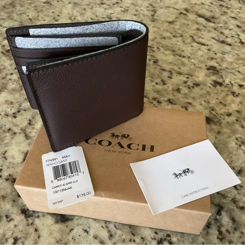 NWT Coach Compact ID Sport Calf Leather Mahogany F74991